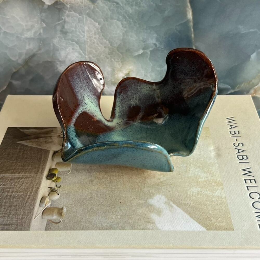 Studio Art Pottery Abstract Sculpture Art Piece Stoneware Maroon Blue Dip Glazed